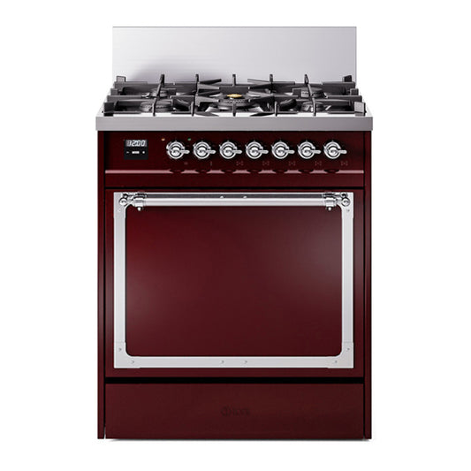ILVE Nostalgie II Noblesse 30" Burgundy Dual Fuel Range with 5 Burners Solid Door Natural Gas