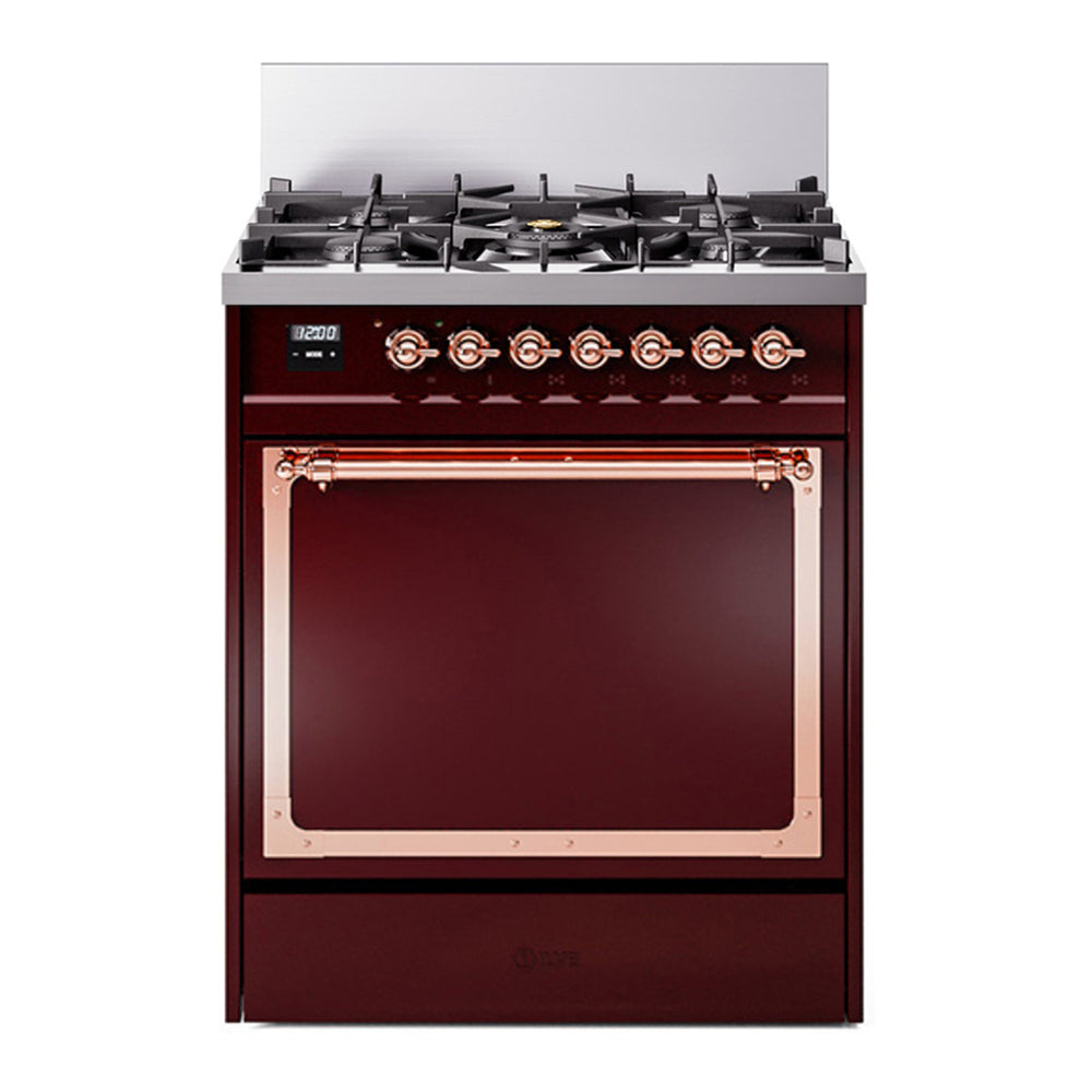 ILVE Nostalgie II Noblesse 30" Burgundy Dual Fuel Range with 5 Burners Solid Door Natural Gas