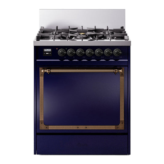 ILVE Nostalgie II Noblesse 30" Midnight Blue Dual Fuel Range with 5 Burners Solid Door Natural Gas