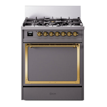 ILVE Nostalgie II Noblesse 30" Graphite Matte Dual Fuel Range with 5 Burners Solid Door Natural Gas