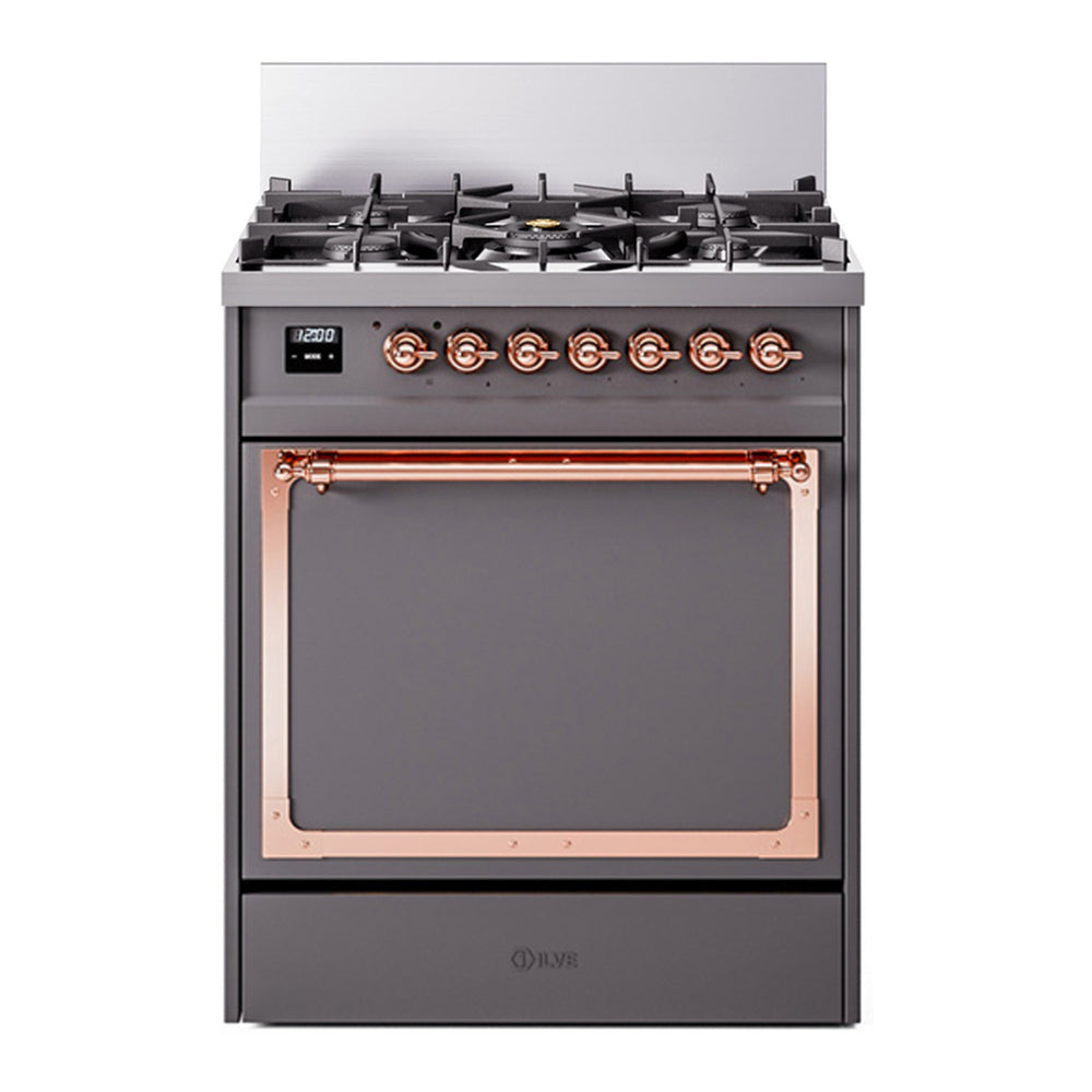 ILVE Nostalgie II Noblesse 30" Graphite Matte Dual Fuel Range with 5 Burners Solid Door Natural Gas
