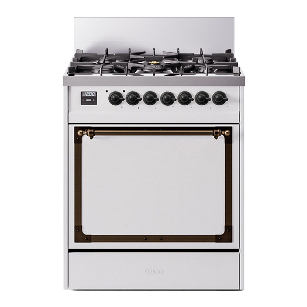 ILVE Nostalgie II Noblesse 30" White Dual Fuel Range with 5 Burners Solid Door Natural Gas