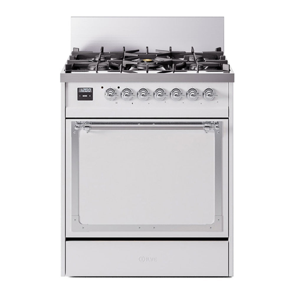 ILVE Nostalgie II Noblesse 30" White Dual Fuel Range with 5 Burners Solid Door Natural Gas
