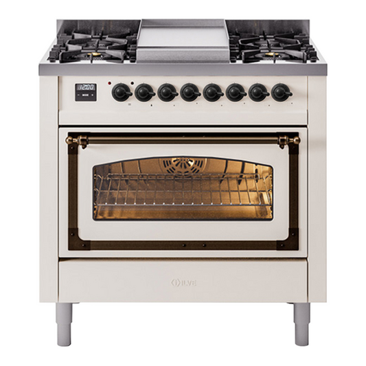 ILVE Nostalgie II Noblesse 36" Antique White Dual Fuel Range with 6 Burners and Griddle Triple Glass Door Natural Gas