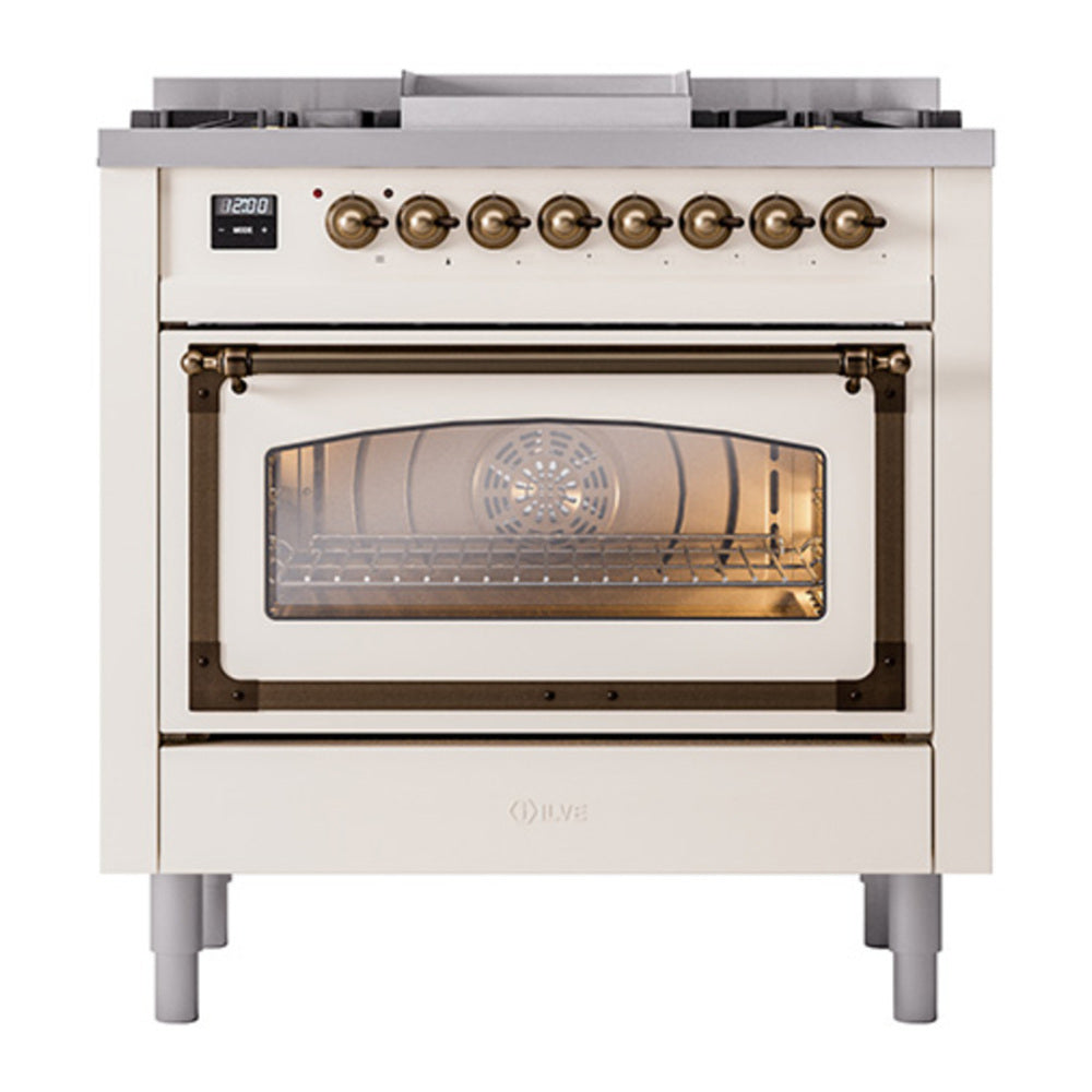 ILVE Nostalgie II Noblesse 36" Antique White Dual Fuel Range with 6 Burners and Griddle Triple Glass Door Natural Gas