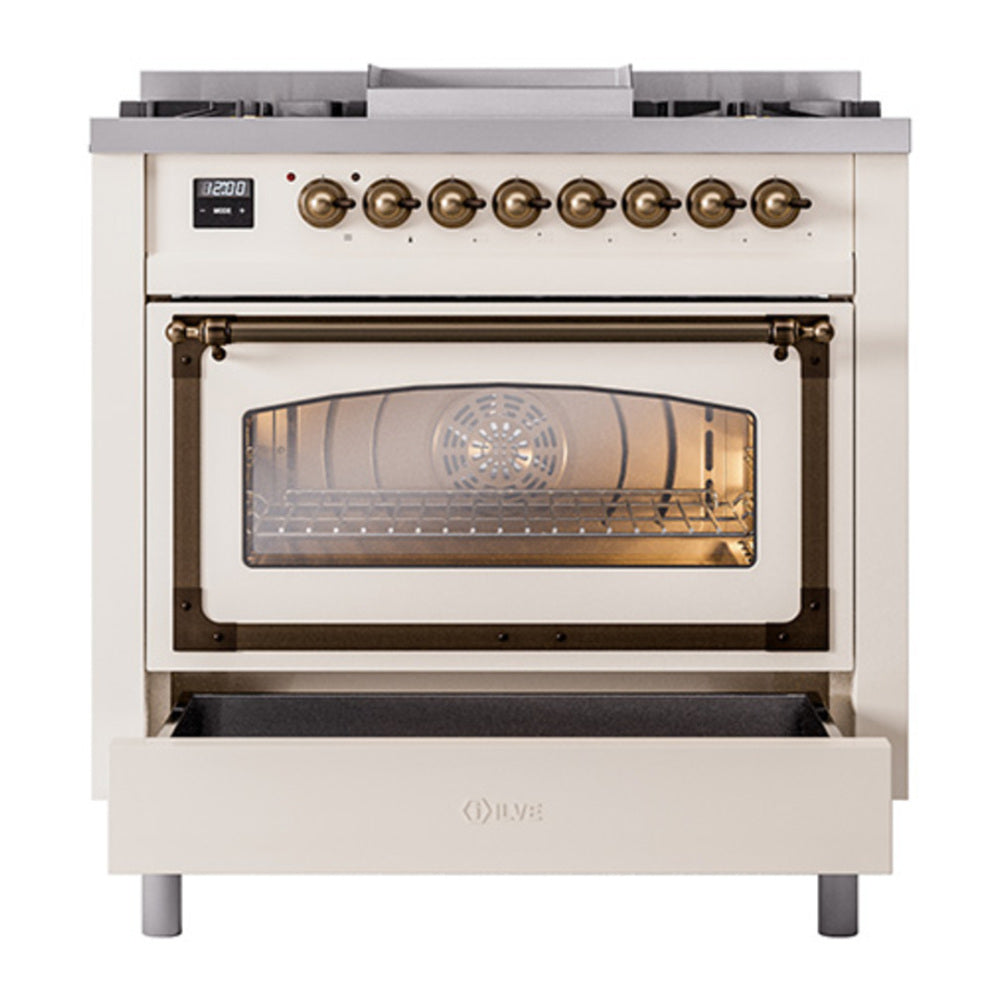 ILVE Nostalgie II Noblesse 36" Antique White Dual Fuel Range with 6 Burners and Griddle Triple Glass Door Natural Gas