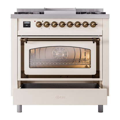 ILVE Nostalgie II Noblesse 36" Antique White Dual Fuel Range with 6 Burners and Griddle Triple Glass Door Natural Gas