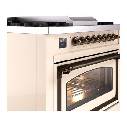 ILVE Nostalgie II Noblesse 36" Antique White Dual Fuel Range with 6 Burners and Griddle Triple Glass Door Natural Gas