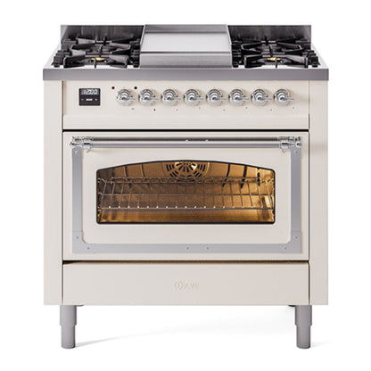 ILVE Nostalgie II Noblesse 36" Antique White Dual Fuel Range with 6 Burners and Griddle Triple Glass Door Natural Gas
