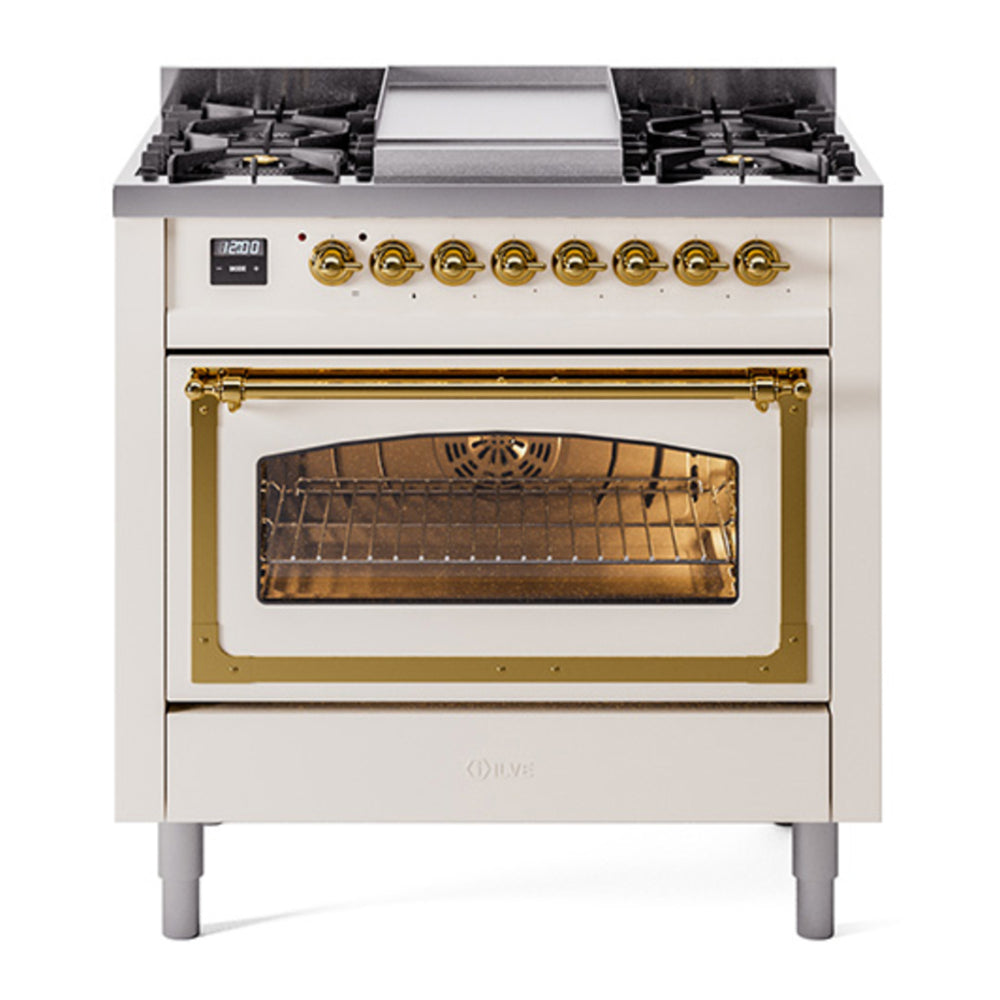 ILVE Nostalgie II Noblesse 36" Antique White Dual Fuel Range with 6 Burners and Griddle Triple Glass Door Natural Gas
