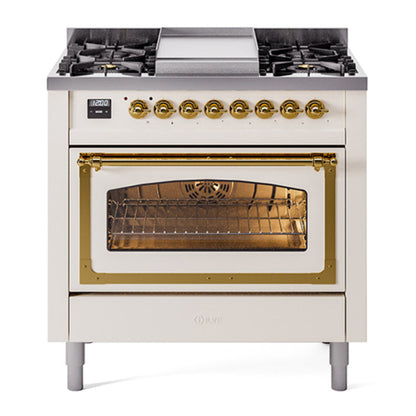 ILVE Nostalgie II Noblesse 36" Antique White Dual Fuel Range with 6 Burners and Griddle Triple Glass Door Natural Gas