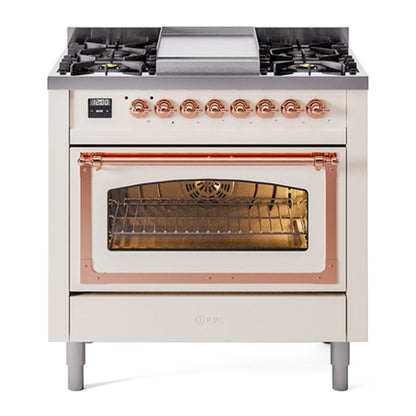 ILVE Nostalgie II Noblesse 36" Antique White Dual Fuel Range with 6 Burners and Griddle Triple Glass Door Natural Gas