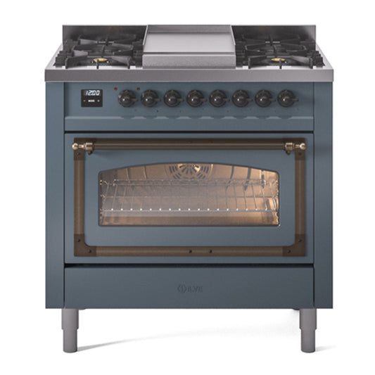 ILVE Nostalgie II Noblesse 36" Blue Grey Dual Fuel Range with 6 Burners and Griddle Triple Glass Door Liquid Propane