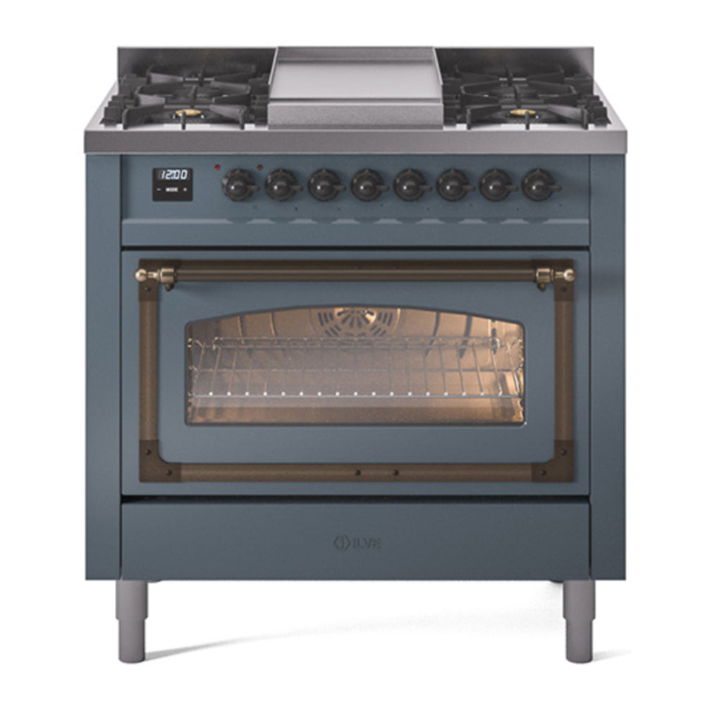 ILVE Nostalgie II Noblesse 36" Blue Grey Dual Fuel Range with 6 Burners and Griddle Triple Glass Door Natural Gas