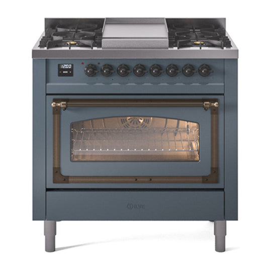 ILVE Nostalgie II Noblesse 36" Blue Grey Dual Fuel Range with 6 Burners and Griddle Triple Glass Door Natural Gas