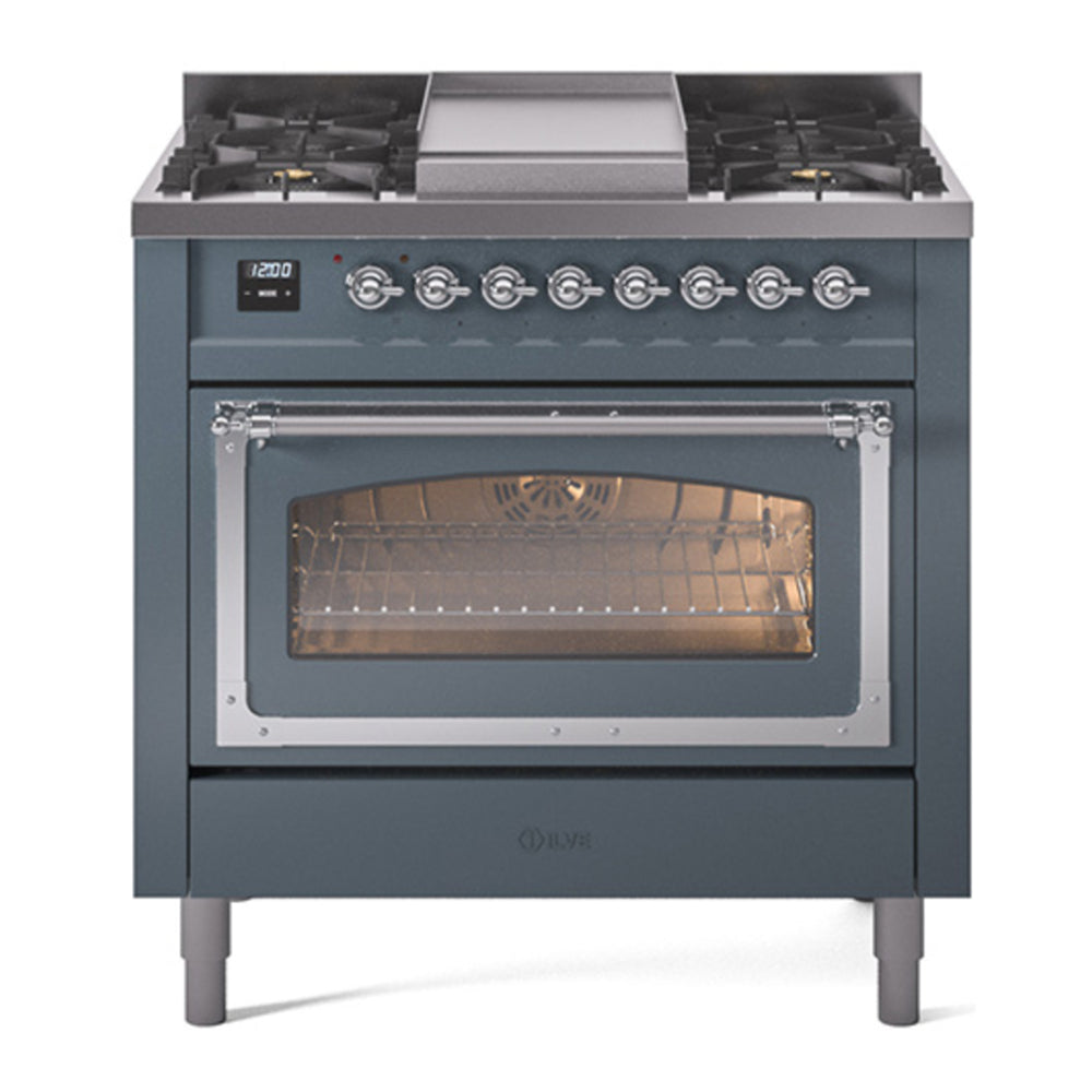 ILVE Nostalgie II Noblesse 36" Blue Grey Dual Fuel Range with 6 Burners and Griddle Triple Glass Door Natural Gas