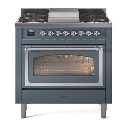 ILVE Nostalgie II Noblesse 36" Blue Grey Dual Fuel Range with 6 Burners and Griddle Triple Glass Door Natural Gas