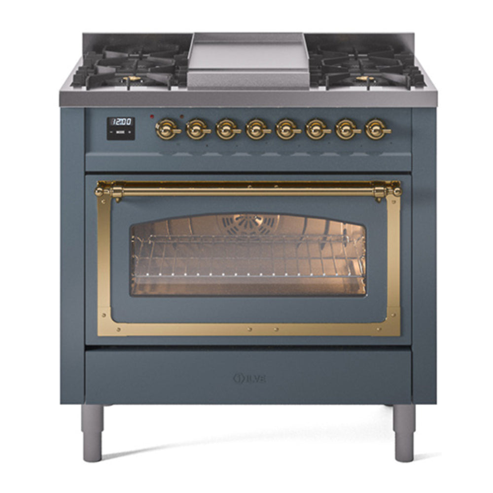 ILVE Nostalgie II Noblesse 36" Blue Grey Dual Fuel Range with 6 Burners and Griddle Triple Glass Door Natural Gas