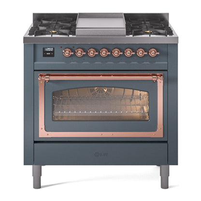 ILVE Nostalgie II Noblesse 36" Blue Grey Dual Fuel Range with 6 Burners and Griddle Triple Glass Door Natural Gas