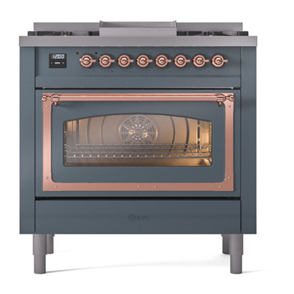 ILVE Nostalgie II Noblesse 36" Blue Grey Dual Fuel Range with 6 Burners and Griddle Triple Glass Door Natural Gas