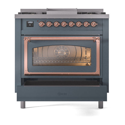 ILVE Nostalgie II Noblesse 36" Blue Grey Dual Fuel Range with 6 Burners and Griddle Triple Glass Door Natural Gas