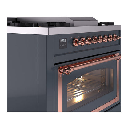 ILVE Nostalgie II Noblesse 36" Blue Grey Dual Fuel Range with 6 Burners and Griddle Triple Glass Door Natural Gas