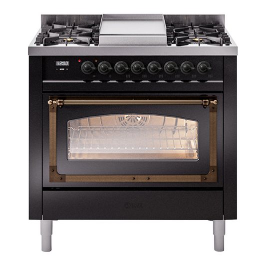 ILVE Nostalgie II Noblesse 36" Glossy Black Dual Fuel Range with 6 Burners and Griddle Triple Glass Door Liquid Propane