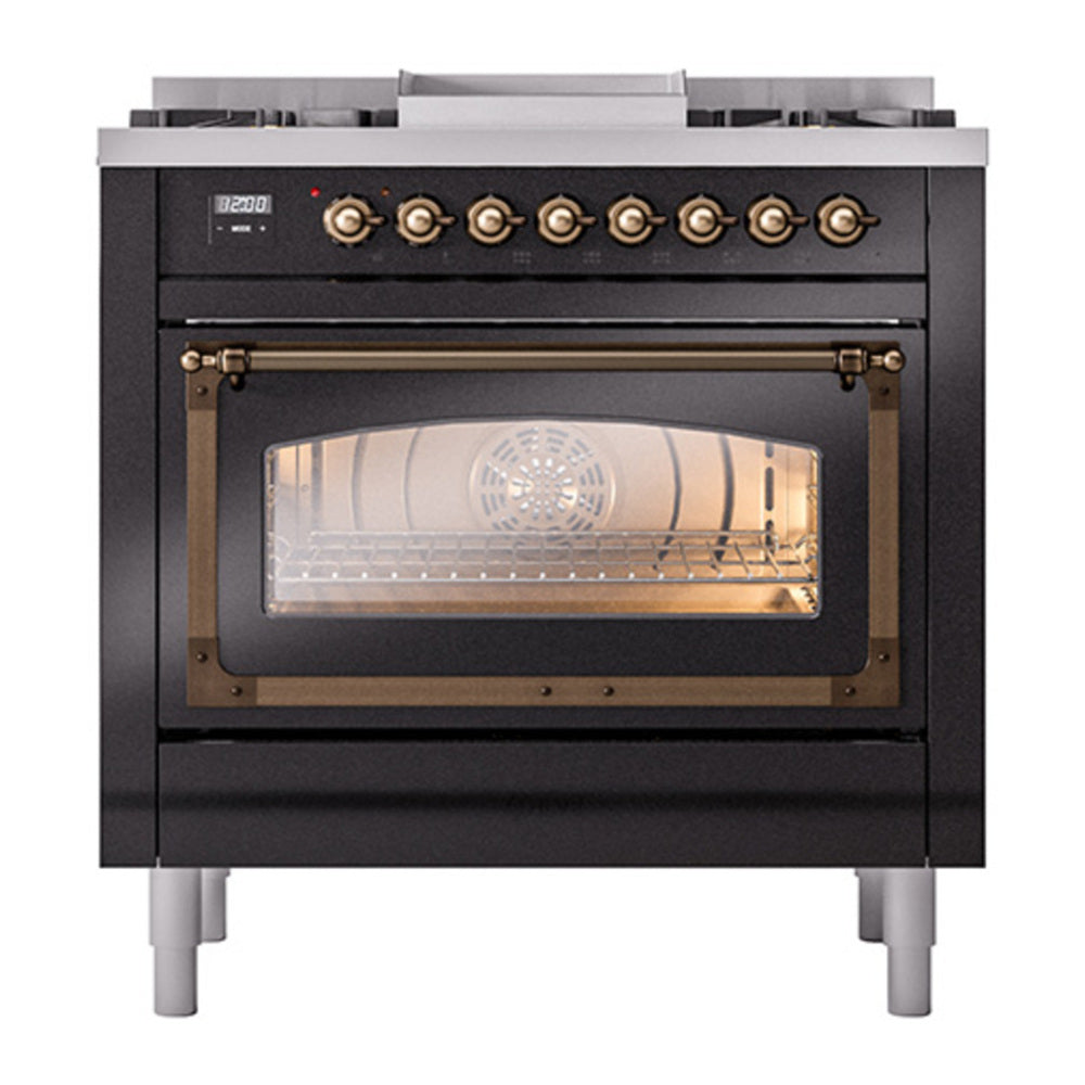 ILVE Nostalgie II Noblesse 36" Glossy Black Dual Fuel Range with 6 Burners and Griddle Triple Glass Door Natural Gas