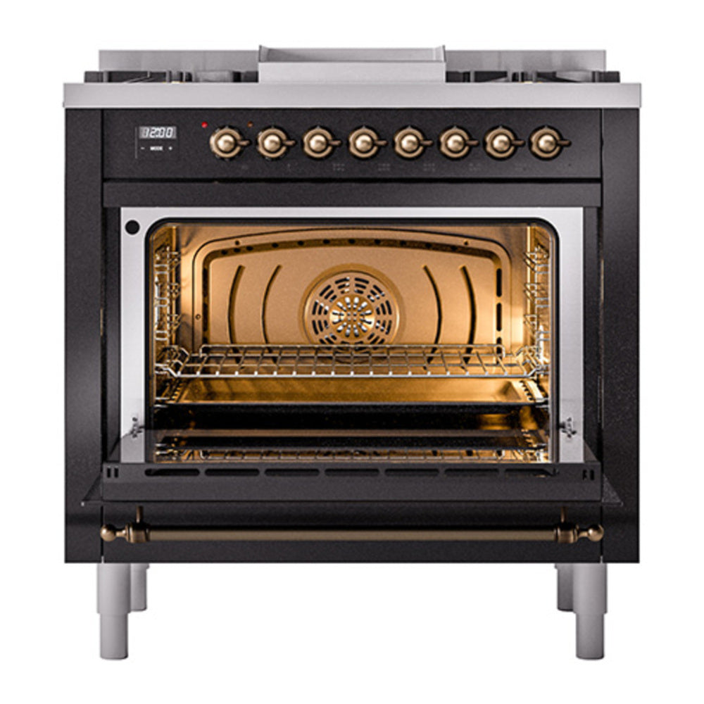 ILVE Nostalgie II Noblesse 36" Glossy Black Dual Fuel Range with 6 Burners and Griddle Triple Glass Door Natural Gas