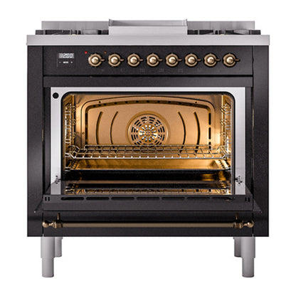 ILVE Nostalgie II Noblesse 36" Glossy Black Dual Fuel Range with 6 Burners and Griddle Triple Glass Door Natural Gas