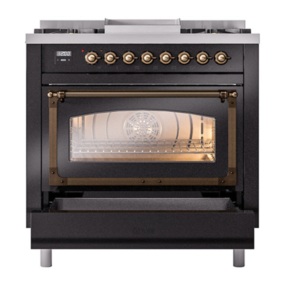 ILVE Nostalgie II Noblesse 36" Glossy Black Dual Fuel Range with 6 Burners and Griddle Triple Glass Door Natural Gas