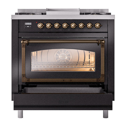 ILVE Nostalgie II Noblesse 36" Glossy Black Dual Fuel Range with 6 Burners and Griddle Triple Glass Door Natural Gas