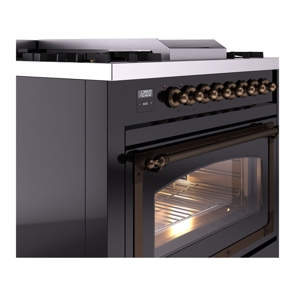 ILVE Nostalgie II Noblesse 36" Glossy Black Dual Fuel Range with 6 Burners and Griddle Triple Glass Door Natural Gas