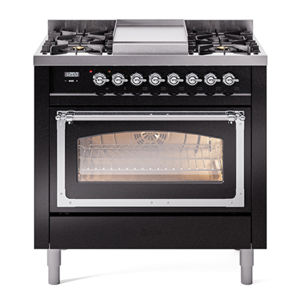 ILVE Nostalgie II Noblesse 36" Glossy Black Dual Fuel Range with 6 Burners and Griddle Triple Glass Door Natural Gas