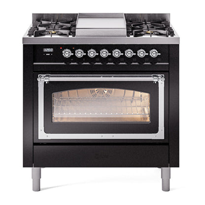 ILVE Nostalgie II Noblesse 36" Glossy Black Dual Fuel Range with 6 Burners and Griddle Triple Glass Door Natural Gas