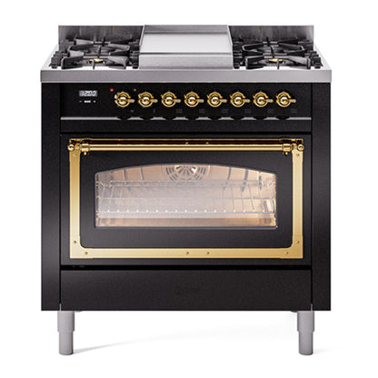 ILVE Nostalgie II Noblesse 36" Glossy Black Dual Fuel Range with 6 Burners and Griddle Triple Glass Door Natural Gas