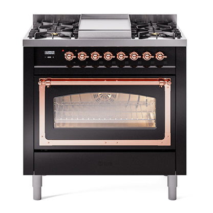 ILVE Nostalgie II Noblesse 36" Glossy Black Dual Fuel Range with 6 Burners and Griddle Triple Glass Door Natural Gas