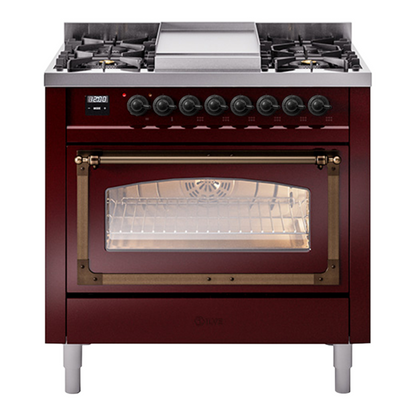 ILVE Nostalgie II Noblesse 36" Burgundy Dual Fuel Range with 6 Burners and Griddle Triple Glass Door Natural Gas