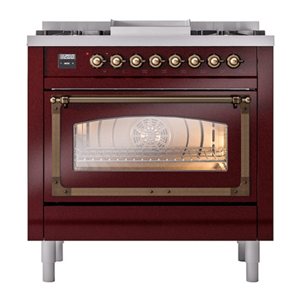 ILVE Nostalgie II Noblesse 36" Burgundy Dual Fuel Range with 6 Burners and Griddle Triple Glass Door Natural Gas