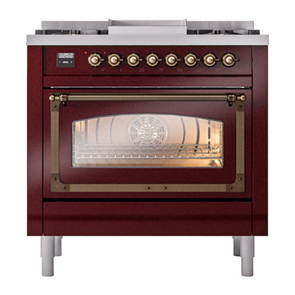 ILVE Nostalgie II Noblesse 36" Burgundy Dual Fuel Range with 6 Burners and Griddle Triple Glass Door Natural Gas