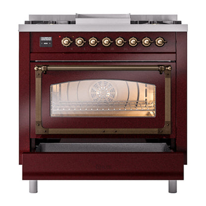 ILVE Nostalgie II Noblesse 36" Burgundy Dual Fuel Range with 6 Burners and Griddle Triple Glass Door Natural Gas