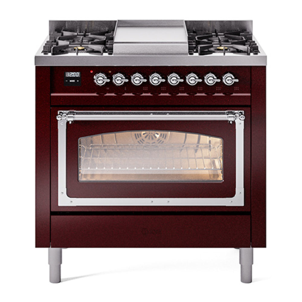 ILVE Nostalgie II Noblesse 36" Burgundy Dual Fuel Range with 6 Burners and Griddle Triple Glass Door Natural Gas