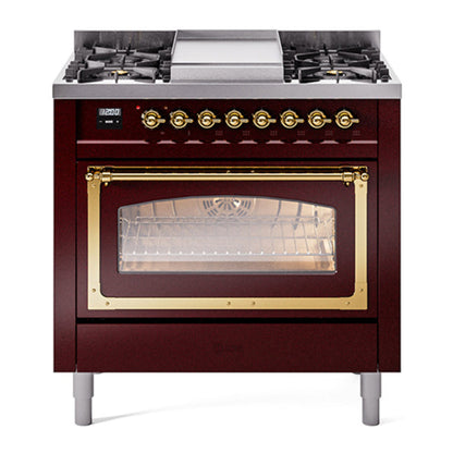 ILVE Nostalgie II Noblesse 36" Burgundy Dual Fuel Range with 6 Burners and Griddle Triple Glass Door Natural Gas