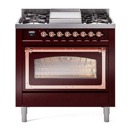 ILVE Nostalgie II Noblesse 36" Burgundy Dual Fuel Range with 6 Burners and Griddle Triple Glass Door Natural Gas