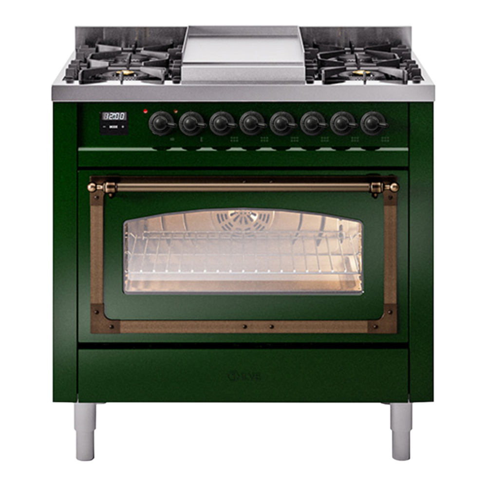 ILVE Nostalgie II Noblesse 36" Emerald Green Dual Fuel Range with 6 Burners and Griddle Triple Glass Door Natural Gas