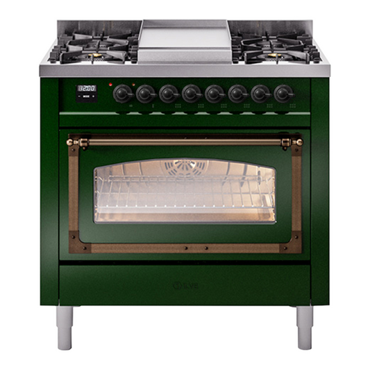 ILVE Nostalgie II Noblesse 36" Emerald Green Dual Fuel Range with 6 Burners and Griddle Triple Glass Door Natural Gas