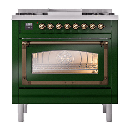 ILVE Nostalgie II Noblesse 36" Emerald Green Dual Fuel Range with 6 Burners and Griddle Triple Glass Door Natural Gas