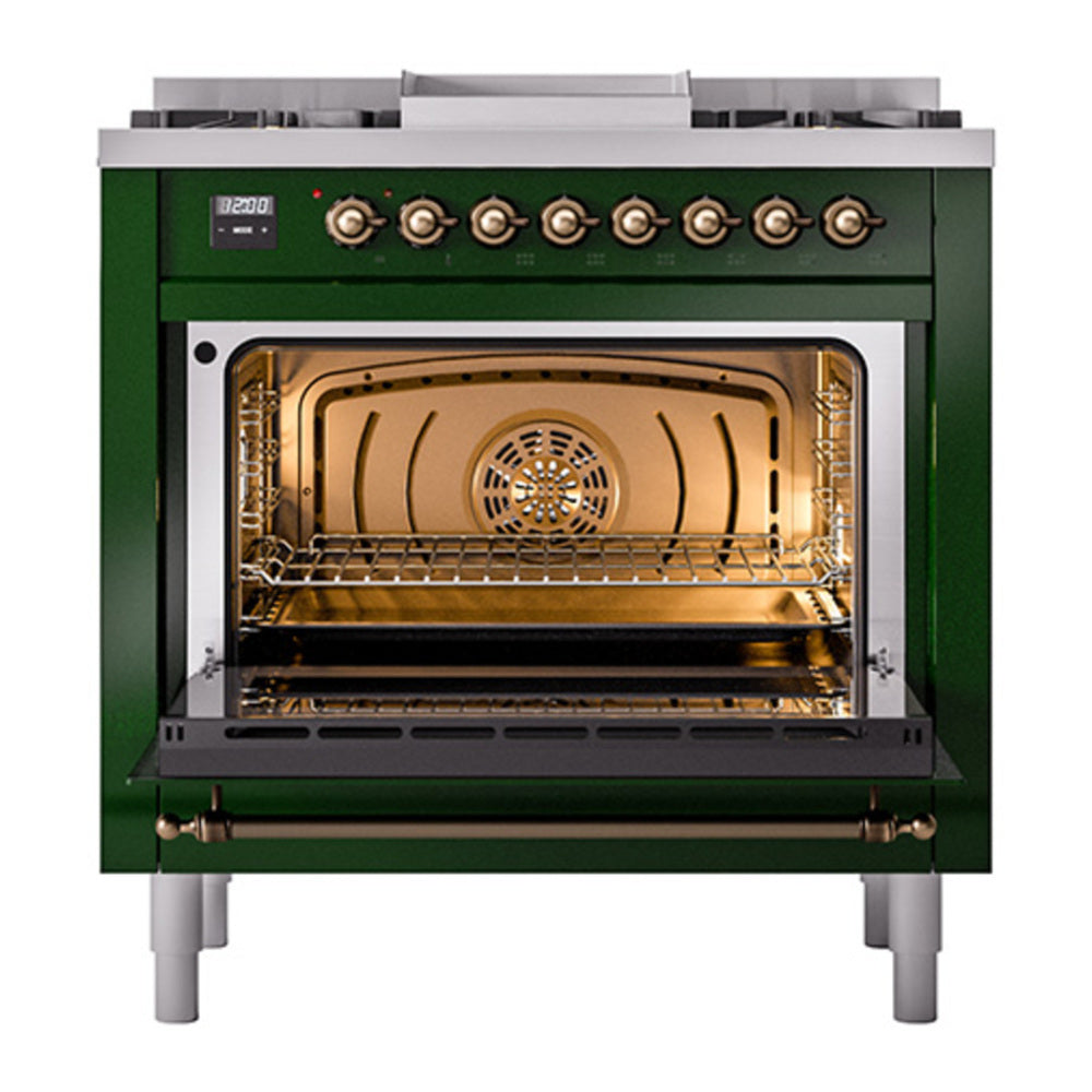 ILVE Nostalgie II Noblesse 36" Emerald Green Dual Fuel Range with 6 Burners and Griddle Triple Glass Door Natural Gas