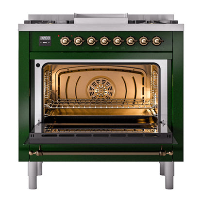ILVE Nostalgie II Noblesse 36" Emerald Green Dual Fuel Range with 6 Burners and Griddle Triple Glass Door Natural Gas