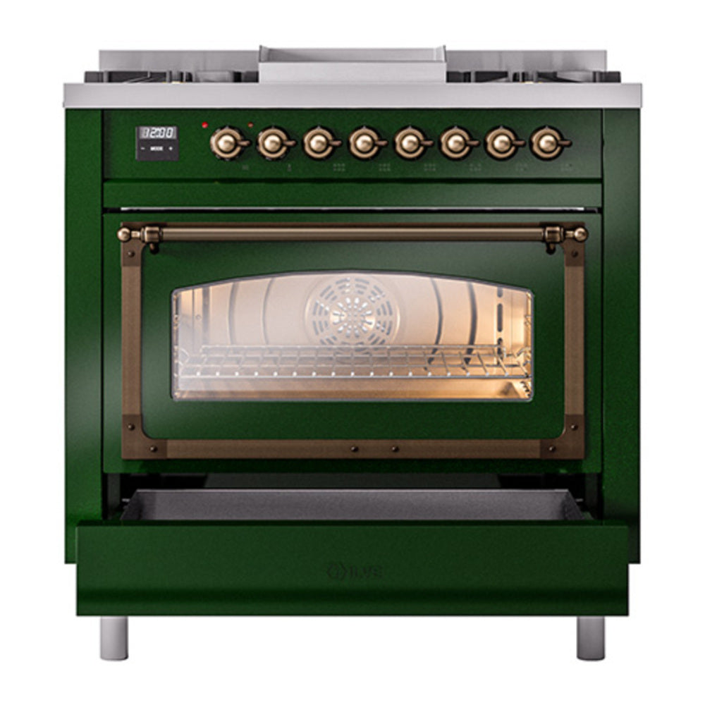 ILVE Nostalgie II Noblesse 36" Emerald Green Dual Fuel Range with 6 Burners and Griddle Triple Glass Door Natural Gas
